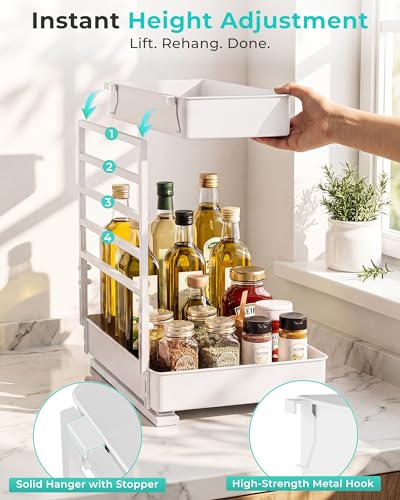 EVERIE Height Adjustable 2 Tier Metal Pull Out Slide Shelf Organizer for Framed or Frameless Under Sink Cabinets in Kitchen, Bathroom, with Snap-on Top Tray (White, 2 Sets)
