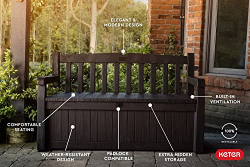 Keter Solana 70 Gal Outdoor Storage Bench for Patio and Pool Accessories | Brown, Resin, Seating, Weatherproof, Lockable, Durable, Easy Assembly, Organization, Patio Cushions Storage, Garden Tools