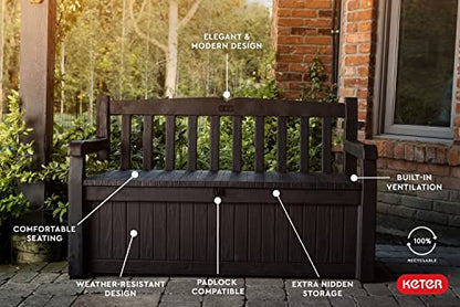 Keter Solana 70 Gal Outdoor Storage Bench for Patio and Pool Accessories | Brown, Resin, Seating, Weatherproof, Lockable, Durable, Easy Assembly, Organization, Patio Cushions Storage, Garden Tools