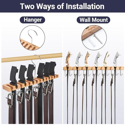 Belt Hanger Organizer for Closet: Ohuhu 2 in 1 Wall Mount Hanger 14 Slots+13 Hooks Storage Wooden Belt Organization 360 Degree Rotating Belt Display Holder for Belt Tie Scarf Accessories