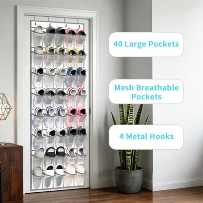 SAVERHO 40 Large Pockets Over the Door Shoe Organizer,Space-Saving Mesh Hanging Shoe Rack for Door Shoe Holder, Large Size 76.4" x 27.5" Ideal for Closet & Door Storage (White, 40 Pockets)