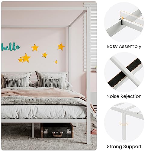 SHA CERLIN Full Size Canopy Bed Frame with Heavy Duty Metal Slats, White