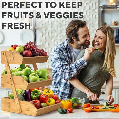 Bamboo Fruit Basket 3-Tier - Premium Produce Basket for Kitchen w/ 2 Hangers - Durable & Easy to Assemble Stand for Countertop - Perfect Holder for Vegetables, Bread, Snacks & More