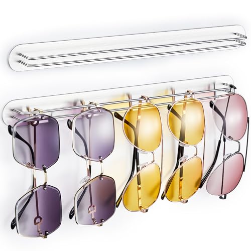 Sunglasses Organizer Wall Mounted, Metal Glasses Sunglass Holder for Wall, Self Adhesive Eyeglass Display Storage Rack for Hanging Multiple Glasses (Silver, 2PCS)