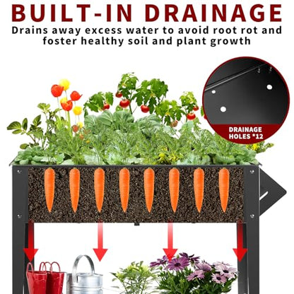 DNKMOR 32" Tall Raised Garden Bed Outdoor with Wheels & Storage Shelf or Mobility,Mobile Anti-Rust Steel Planters for Outdoor Plants,Planter Box for Vegetables/Flower/Herbs,Patio-Balcony-Backyard