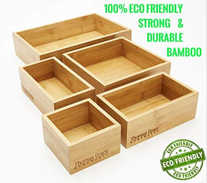 Bamboo Drawer Organizer and Storage Set, Multi-use Set of 5 Storage Trays, Wood Boxes of various sizes for Office Desk or homework, Kitchen, Bathroom Jewelry, Cosmetic Make up, Baby Bedroom, Junk.