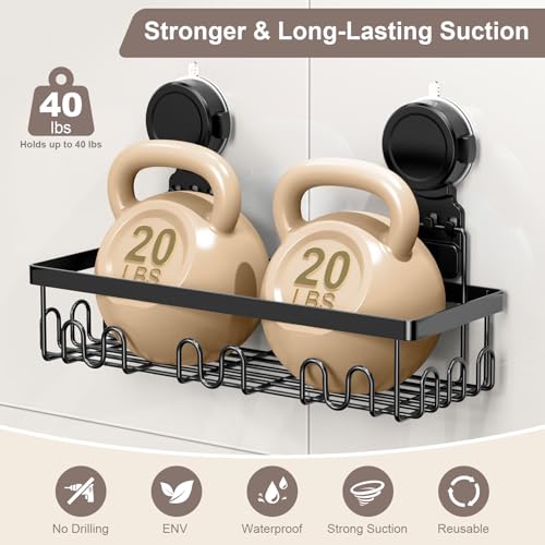 JOTPE Shower Caddy Suction Cup, No Drill Shower Shelves for Bath, 2 Pack | Shower Organizer with Large Capacity, Storage Suction Powerful Max Hold 40 lbs, Waterproof & Removable Bathroom Shelf, Black