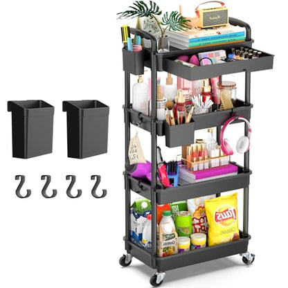 Goovilla 4 Tier Rolling Utility Cart Organizer with Removable Drawer, Black | Stable and Sturdy Rolling Storage Carts with 2 Lockable Wheels for Bathroom, Kitchen, Snack, Craft, Makeup, Baby Essentials