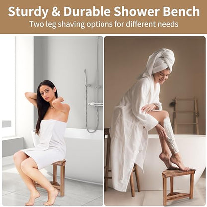 Shower Foot Rest 14in, Acacia Wood Shower Stool for Shaving Legs, Waterproof Corner Shower Stool with Storage Shelf for Inside Small Shower Spaces, Wood Color