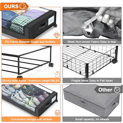 Under Bed Storage with Wheels, 2 Pack Under Bed Storage Containers with Clear Lids, XXL 65L Under Bed Storage Organizer, Rolling Under Bed Metal Drawer for Blanket, Clothes, Shoes (31 x 17 x 6.69 in)