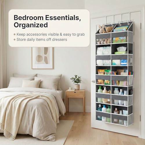 Over the Door Organizer, 10-Pocket Heavy Duty Hanging Storage Bag | 600D Oxford hanging door organizer with 10 front pockets, 10 side mesh pockets, four silicone-padded hooks and 80 lb capacity