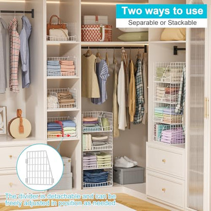 4-Tier Closet Organizers and Storage Basket with Divider, Foldable Closet Shelf Organizer System, Space-Saving Clothes Storage Drawer Organizer Bins for Wardrobe Cupboard, White
