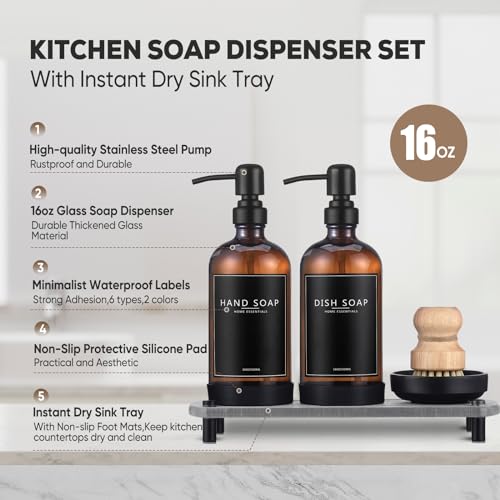 Kitchen Soap Dispenser Set with Instant Dry Tray,16 Oz Hand and Dish Soap Amber Glass Dispenser Set,Stainless Steel Pump,Waterproof Labels&Dish Brush,Luxury Soap Bottle for Kitchen,Bathroom
