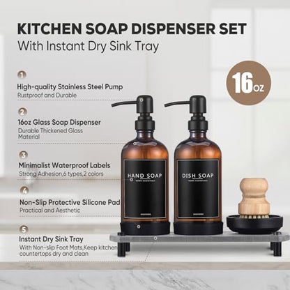 Kitchen Soap Dispenser Set with Instant Dry Tray,16 Oz Hand and Dish Soap Amber Glass Dispenser Set,Stainless Steel Pump,Waterproof Labels&Dish Brush,Luxury Soap Bottle for Kitchen,Bathroom