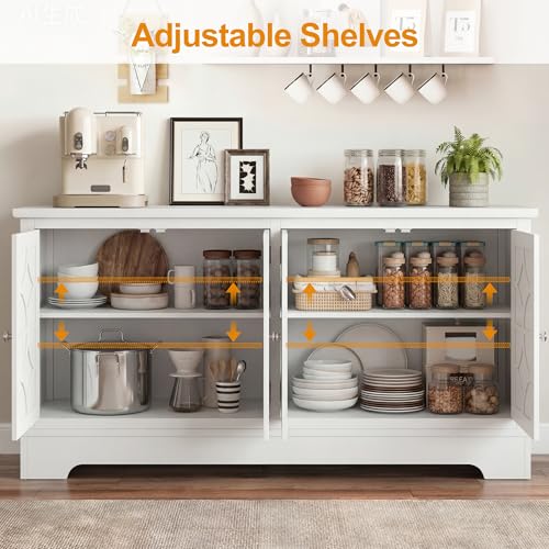 RoyalCraft Sideboard Buffet Cabinet with Storage, 56" Modern Sideboard with 4 Carved Doors, Large Wood Coffee Bar Console Table for Kitchen, Dining Room, Entryway, Living Room, Satin White