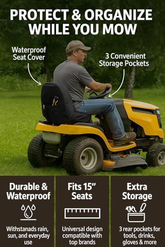 Black Riding Lawn Mower Tractor seat Cover for kubota Craftsman Husqvarna John Deere cub Cadet wheatherproof Padded Comfort fits 12.5''-14'' backrest 3storage Pockets