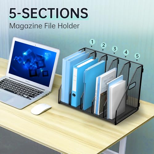 MINDEPOT Desk File Organizer Folder Holder with 5 Vertical for Office Black | Sturdy Metal Mesh, Magazine Folder Holder, Rack File Organizer for Home School, 5 Vertical Compartments