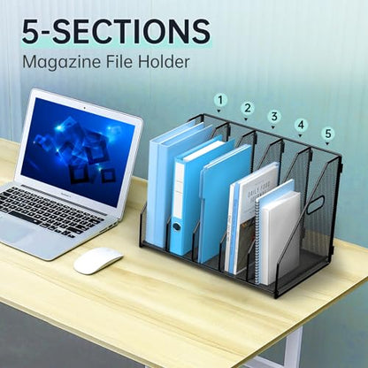 MINDEPOT Desk File Organizer Folder Holder with 5 Vertical for Office Black | Sturdy Metal Mesh, Magazine Folder Holder, Rack File Organizer for Home School, 5 Vertical Compartments
