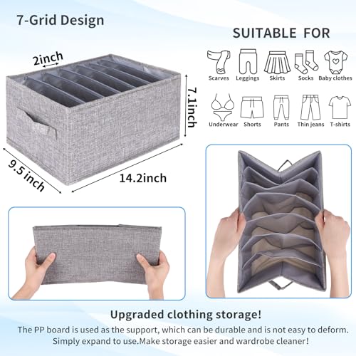 Fixwal Wardrobe Clothes Organizer 4 Pack 7 Grid Closet Storage Divider Bins | Board-Supported Design, 7 Divided Compartments, Washable Construction, for Jeans T-Shirts Pants and Leggings