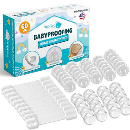 BooBoo Baby 60 Pack Premium Child Safety Baby Proofing Kit | For Your Home and Kitchen with 10 Cabinet Drawer Locks, 20 Corner Guards and 30 Outlet Covers - No Tools Needed