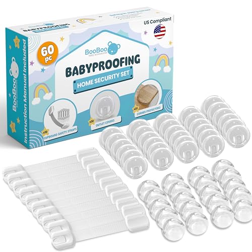 BooBoo Baby 60 Pack Premium Child Safety Baby Proofing Kit | For Your Home and Kitchen with 10 Cabinet Drawer Locks, 20 Corner Guards and 30 Outlet Covers - No Tools Needed