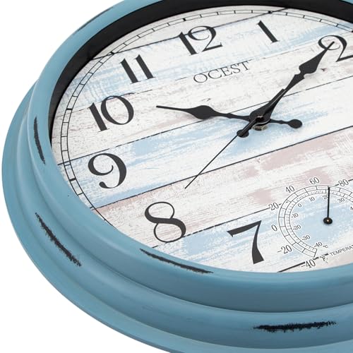 16 Inch Waterproof Indoor Outdoor Wall Clock with Thermometer | Silent non-ticking battery movement, large easy-read blue dial for patio, pool, porch, garden, garage, and home decor