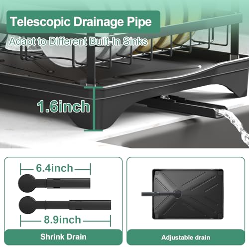 Dish Drying Rack for Kitchen Counter, Large Dish Drying Rack with Utensil Holder & Cutlery Tray, Dish Drainer with Drainboard, Black