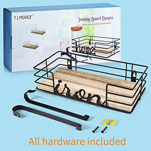 TJ.MOREE Hanger wall mount - Laundry Room Iron and ironing board Holder, Metal with Large Storage Wooden Base Basket and Removable Hooks (Black)