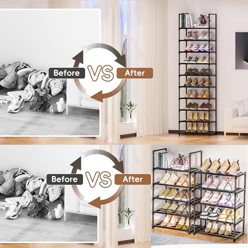 Shoe Rack - Sturdy Metal Shoes Storage Organizer for Closet, Entryway | Garage, Door Entrance, Space Saving 10-Tier Narrow Shoe Shelf, Stackable Free Standing Shoes Holder