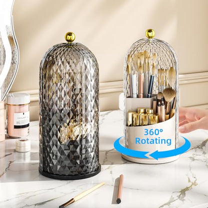 Dustproof Toothbrush Holder with Lid, 360 Rotating Countertop Electric Toothbrush Toothpaste Holders with Cover for Bathroom, 3 Slots Makeup Brush Holder with Lid for Vanity, Black