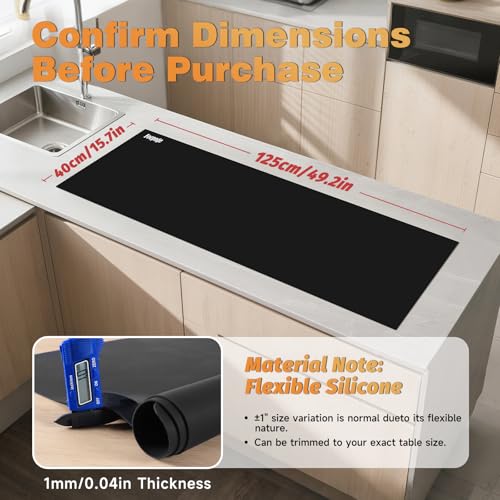49.2" x 15.7" Large Silicone Mat for Kitchen Counter Protector, Cuttable | Silicon Countertop Protector Mat Heat Resistant Mats for Countertop, Cut to Fit Placemat Ship Roll by Foepoge, Black