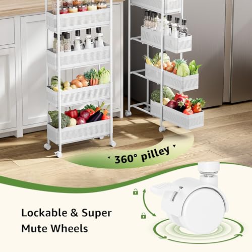 KINGRACK 5 Tier Slim Rolling Cart with Drawer, Metal Utility Storage Cart | 4 Pull-out Baskets, Lockable Wheels, Narrow Space Trolley Organizer for Bathroom, Kitchen, Office, Dorm, Laundry Room, White