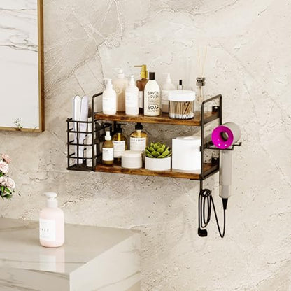 3-in-1 Wall Mounted Hair Dryer Holder with 2 Tier Shelves & Detachable Basket, Space Saving Organizer for Bathroom, Kitchen, Bedroom, Rust-Resistant, Easy Install (Rustic Brown)