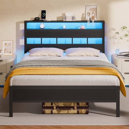 Full Size Bed Frame, Storage Headboard, LED & Char... (Black Oak)