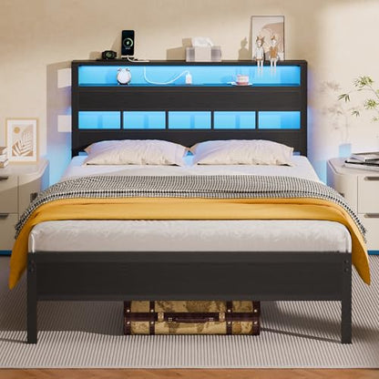 Full Size Bed Frame, Storage Headboard, LED & Charger, Black Oak