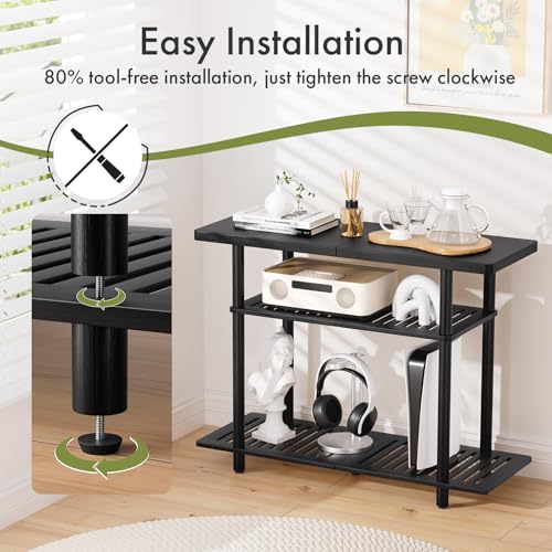 Bamboo TV Stand, Small TV Stands for up to 32 Inch, 3-Tier Entertainment Center TV Shelf with Storage, Sturdy Corner TV Stand for Bedroom, Black, 31.5 x 24.2 x 11.8 inches