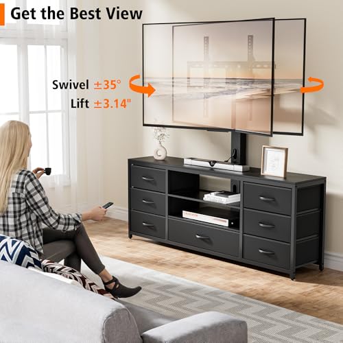 TV Stand with Mount, Entertainment Center for 55 60 65 70 inch TVs | TV Console with Power Outlets & Led Lights, 7 Fabric Drawers, For Living Room, Bedroom, Black Dresser with Open Storage