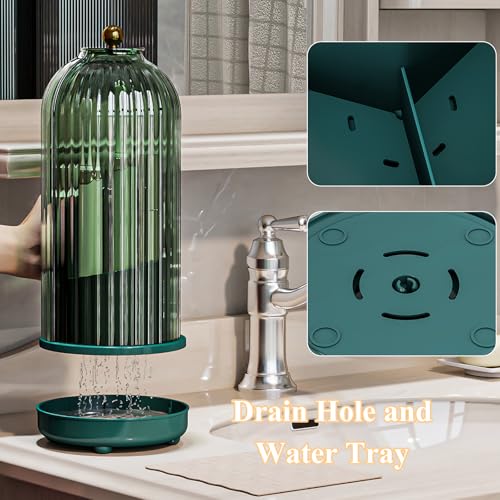 Drainable Toothbrush Toothpaste Holders with Cover, Green | Drainage Holes, Waterproof and Dustproof, 360° Rotating Base, Sliding Door, for Bathroom Counter