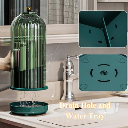 Drainable Toothbrush Toothpaste Holders with Cover, Green | Drainage Holes, Waterproof and Dustproof, 360° Rotating Base, Sliding Door, for Bathroom Counter