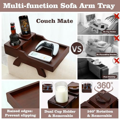 Couch Cup Holder Tray, 15.4"x9.9" Large 4 in 1 Couch Armrest Table with 360°Rotated Phone Holder, Non-Slip Clip on Side Table for Drinks/Remote/Snacks, Ideal Gift for Husband, Wife, Parents