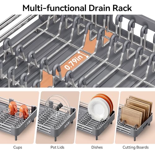 Urackify Extendable Stainless Dish Drying Rack for Kitchen Counter, Gray | 13.78"W x 18.7"L, Foldable Drainboard for Space Saving, Knife and Utensil Holder, Fast-draining Spout