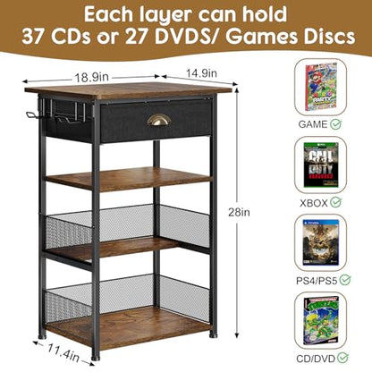 4-Tier AV Media Stand with Drawer, Gaming Console Shelf | Audio Rack Tower with 2 Hooks for PS5, Xbox, Switch, DVD Player, Record Player, Projector and TV Accessories Storage