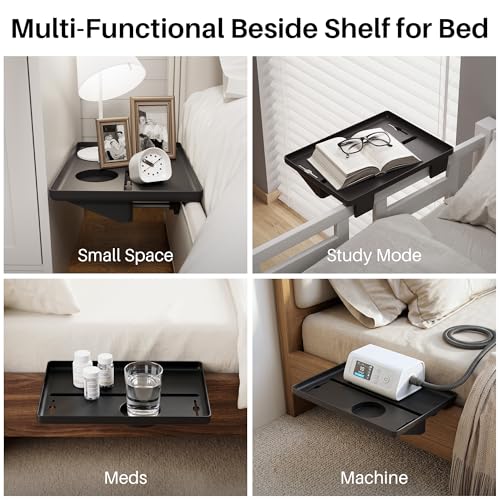 JOYMOOP Clip-On Bedside Shelf for Bunk Beds, Dorm Room Essentials, Bedside Caddy, No-Tool Install Bed Side Table Storage for Loft, Platform Beds, Nightstand Caddy for Phone, Glasses, Book, Black