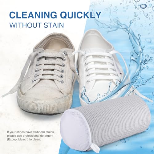 Shoe Laundry Bags for Washing Machine, Reusable Laundry Shoe Bag for Washer and Dryer, Fluffy Fibers 360° Wrap Around Cleaning, Adjustable Protective Shoe Trees - Home Dorm Travel, Gray