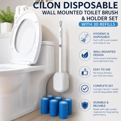 CiLoN 30 Pack Auto-Open Lid Disposable Toilet Bowl Brush & Holder System | Wall-Mounted Disposable Toilet Cleaning Set For Touch-Free Space-Saving Hygienic Modern Bathrooms (Starter Kit + 30 Sponge)