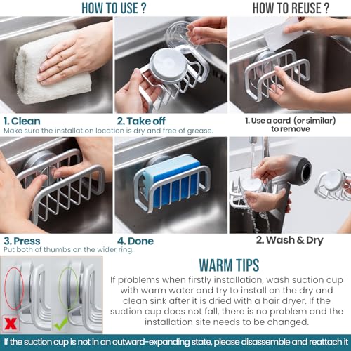 TAILI Sponge Holder for Kitchen Sink with Strong Suction Cup, Rustproof Aluminum Sink Caddy for Sponges, Removable Sponge Holder, Dish Brush for Scraper - Silver
