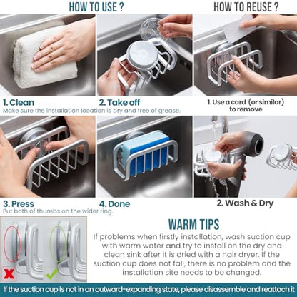 TAILI Sponge Holder for Kitchen Sink with Strong Suction Cup, Rustproof Aluminum Sink Caddy for Sponges, Removable Sponge Holder, Dish Brush for Scraper - Silver