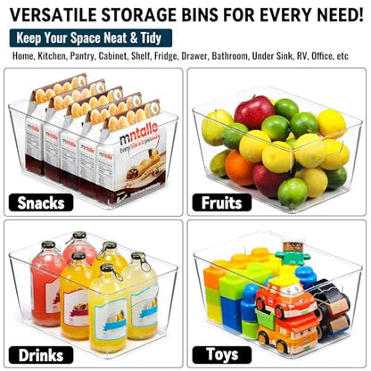 12 PACK LARGE Clear Storage Bins with Handles & Labels, Multiuse Plastic Pantry Organizer Bins for Home Kitchen, Fridge, Freezer, Cabinet, Closet, Bathroom, Shelf, Laundry, RV, Under Sink Organization