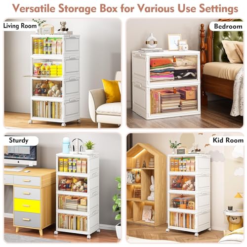 CTSNSLH 4 Tier Plastic Storage Bins with Lid 32QT - Stackable Storage Bins | Organizers and Storage with Wheels, Plastic Storage Cabinet Organization and Storage for Living Room,Office,Dorm