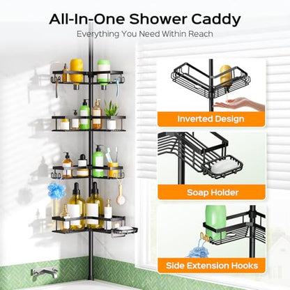 HAMITOR Shower Caddy Tension Pole: 4-Tier Corner Rustproof Bathroom Organizer with Soap Holder & Hooks - No-Drill Adjustable Shower Shelf for Renters - Family Stand Storage Rack - 47-123 Inch Black